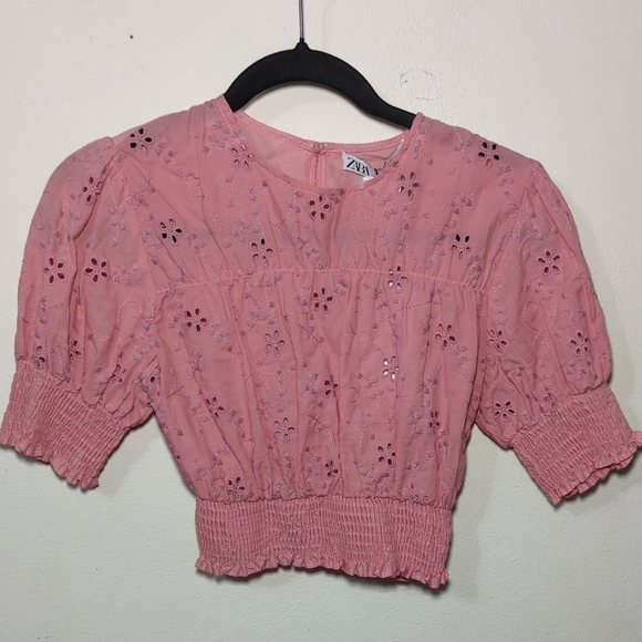 Zara Tops - Zara Embroidered Eyelet Puff Sleeve Smocked Cropped Blouse Pink NEW Size XS